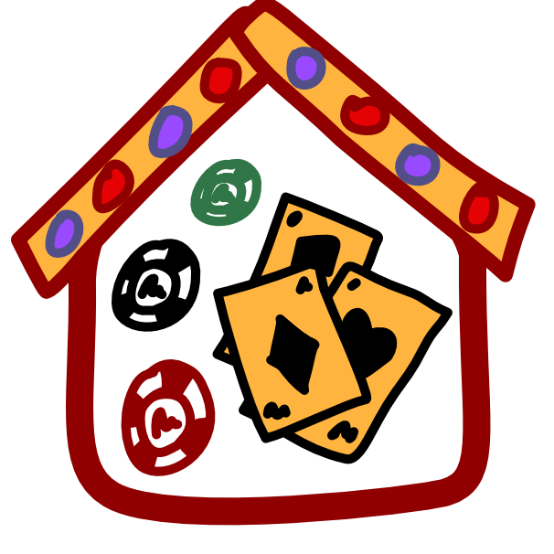 3 checkered gambling chips, one red and white, another white and black, the third green and white, sit inside a house-shaped frame, next to a messy stack of 3 yellow and black playing cards. The frame is brown with a yellow roof. The roof has 4 circles on each side representing lights. They are red and purple. The image has dark line art.